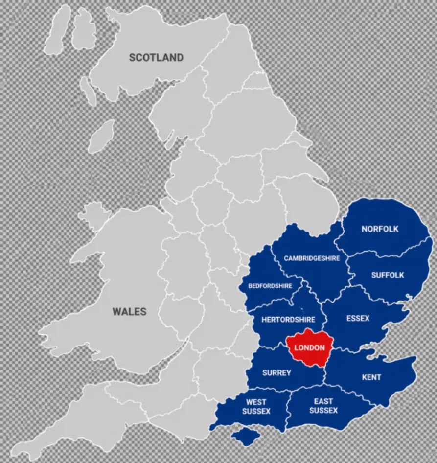 UK coverage map showing Norfolk, Suffolk, Cambridgeshire, Essex, Kent, East Sussex, West Sussex, Surrey and Hertfordshire as covered areas, with London marked as excluded