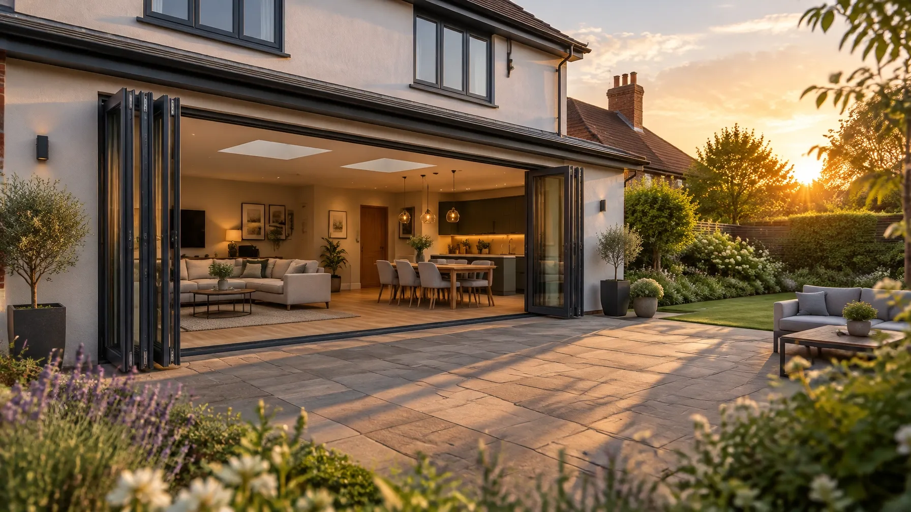 Modern home with anthracite grey aluminium bifold doors opening onto a patio
